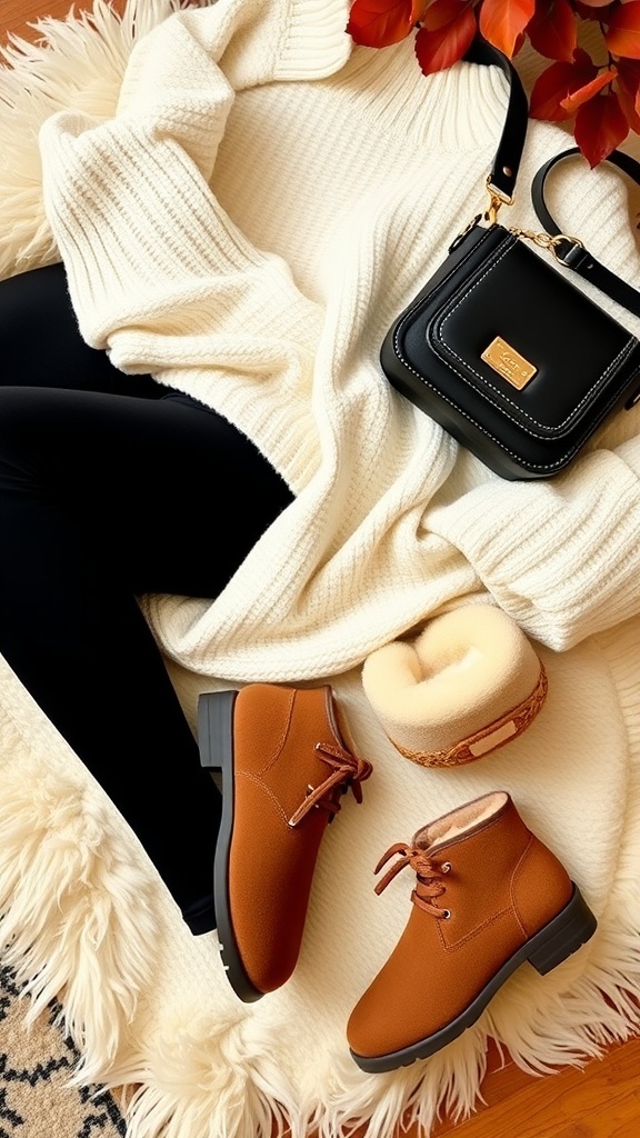 Flat lay of a cozy outfit with black leggings, oversized sweater, and Juicy Uggs on a soft blanket.